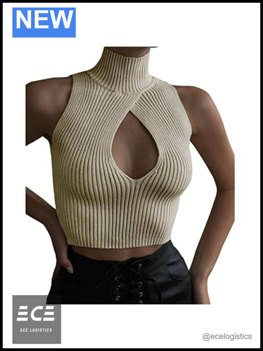 Sleeveless Mock Neck Cutout Rib Knit Crop Tank Top Slim Fit